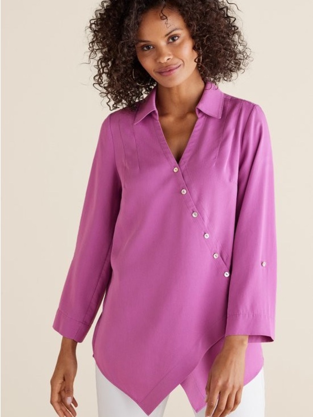 Soft Surroundings Lavender-Pink Asymmetrical Button-Down Blouse